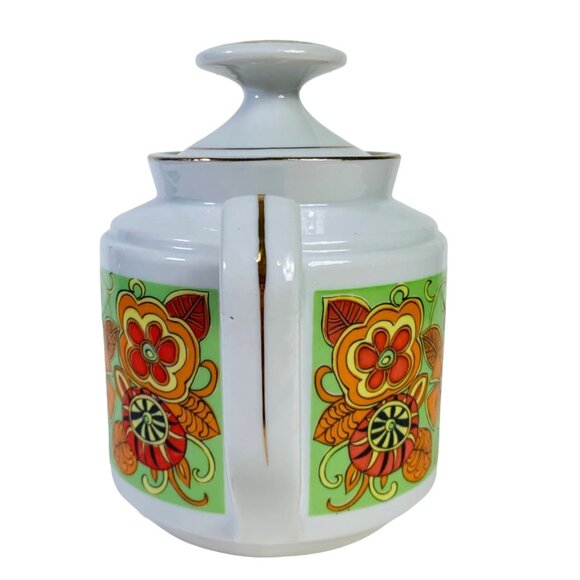 Retro 70s MCM Tea Pot Orange Flower Child Mod Groovy Motif Daisy Kitchen Decor - Picture 5 of 13